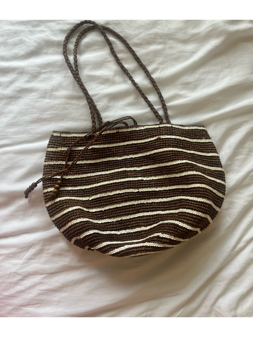 J. Crew Brown and White Shimmer Sequin Striped Straw Shoulder Bag